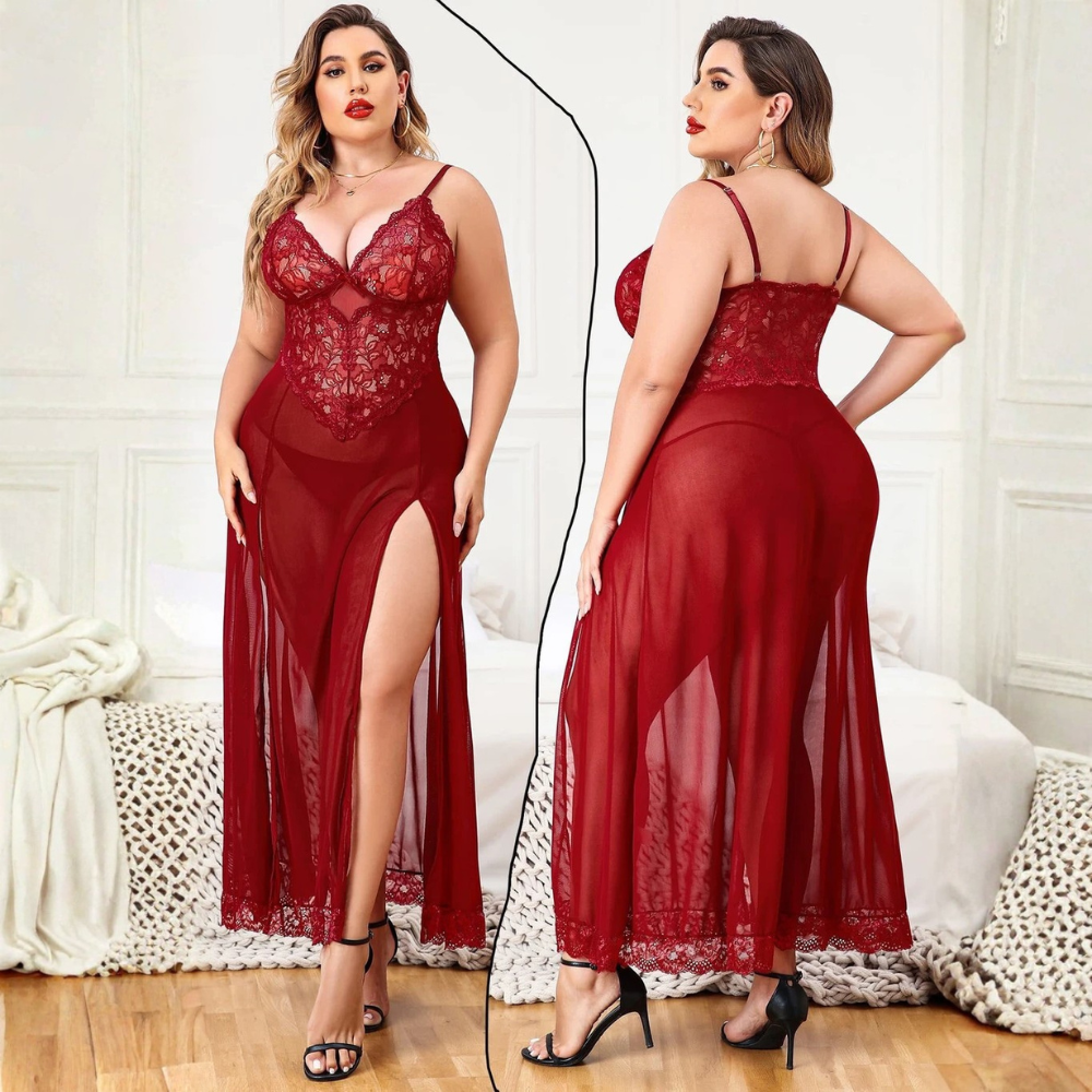Velence Luxury Red Lace Long Night Dress with Side Slit - Velence India
