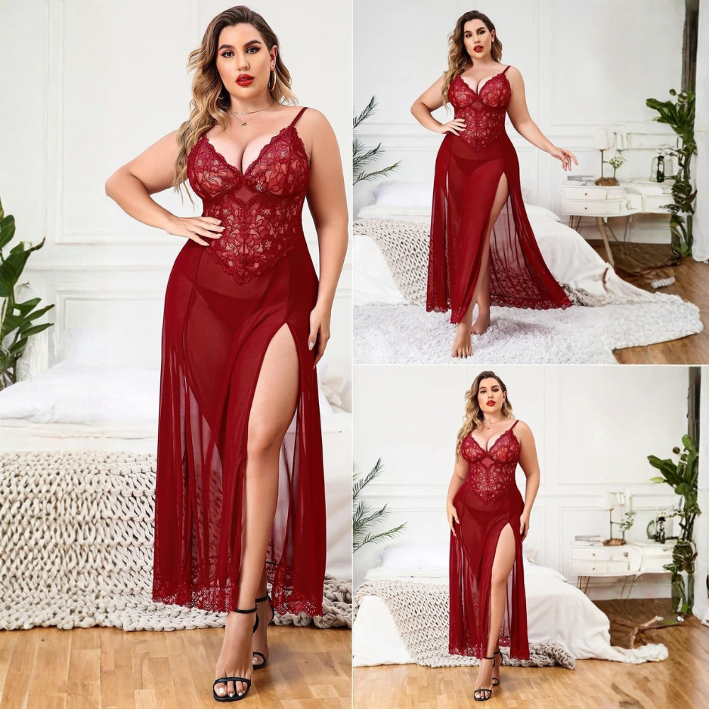 Velence Luxury Red Lace Long Night Dress with Side Slit - Velence India