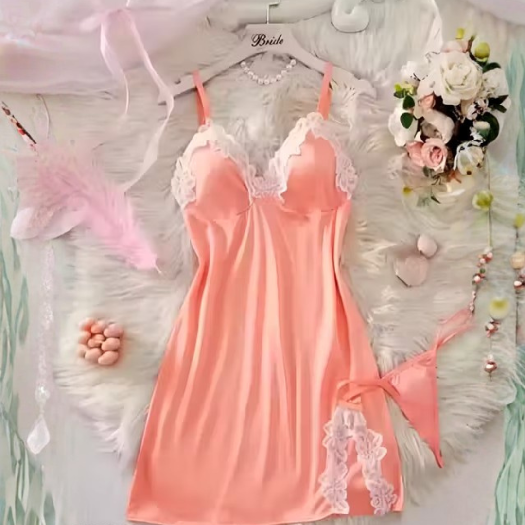 Valence Peach Lace Nightdress - Velence India
