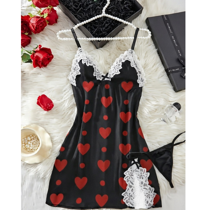 Women’s Summer Sexy Satin Sling Nightdress – Red Heart Print Silk Feel Sleepwear - Velence India