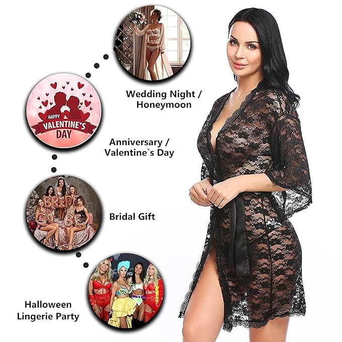 Velence Women Black Lace Satin Tie-Up Nightwear Robe - Velence India