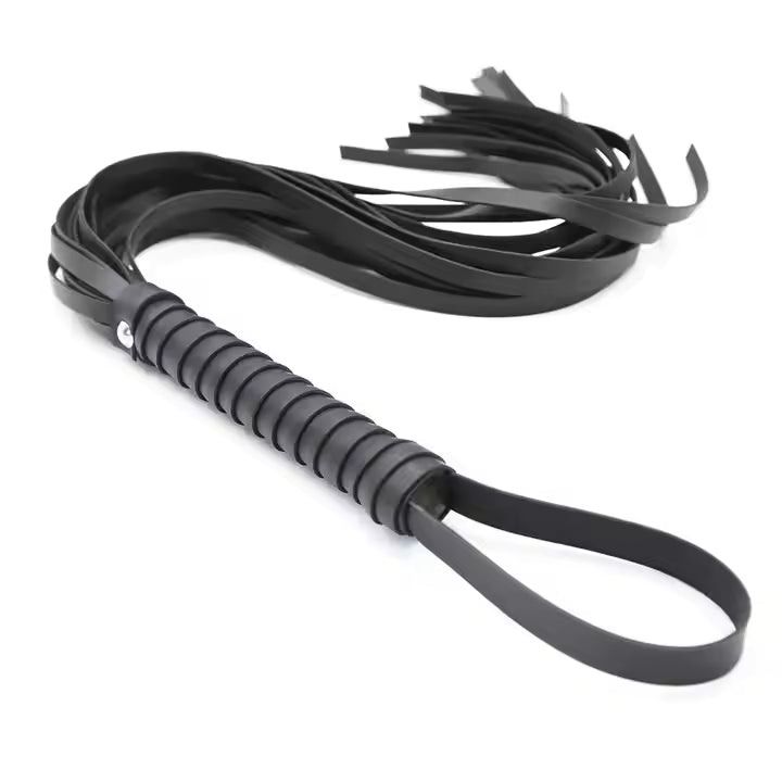 Black leather whip on a white background