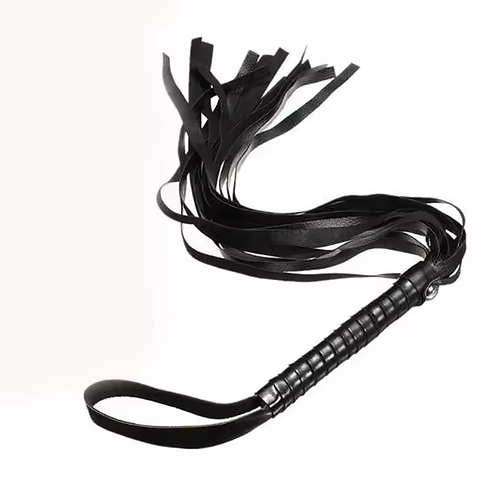 Black leather whip with braided handle on a white background