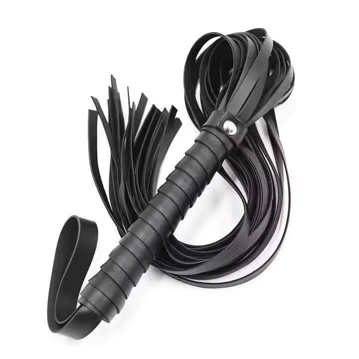 Black leather whip with braided handle on a white background