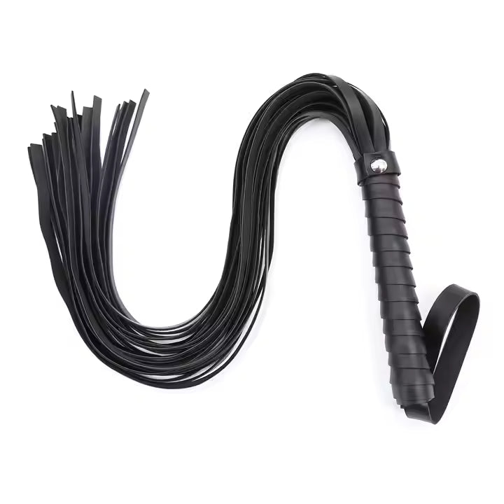 Black leather whip on a white background