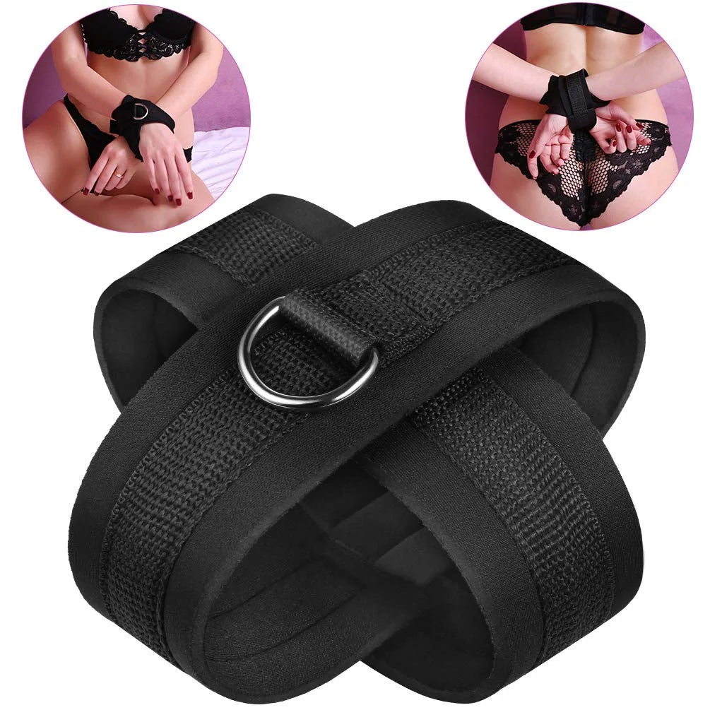 Black chastity belt with circular buckle on a white background, insets showing its use.