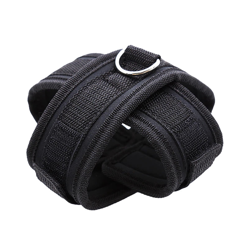 Black wrist wrap with a metal buckle on a white background