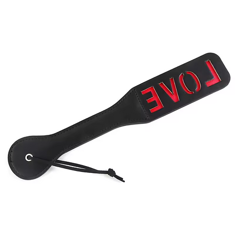 Black paddle with red 'LOVE' letters on a white background