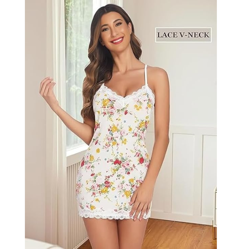 Honeymoon Dress – Women’s Floral Satin Chemise Night Dress with Lace Trim - Velence India