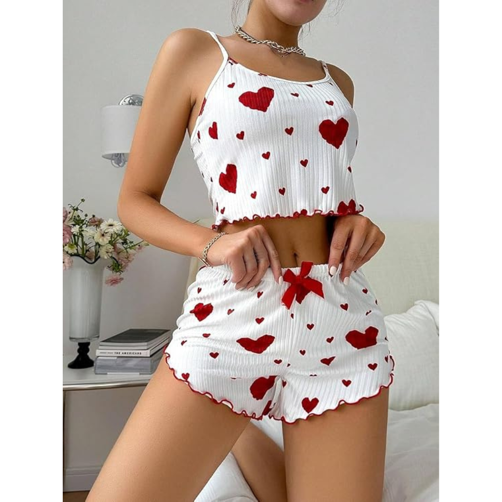 Velence Premium Ribbed Cotton Heart Print Lounge Set - Velence India