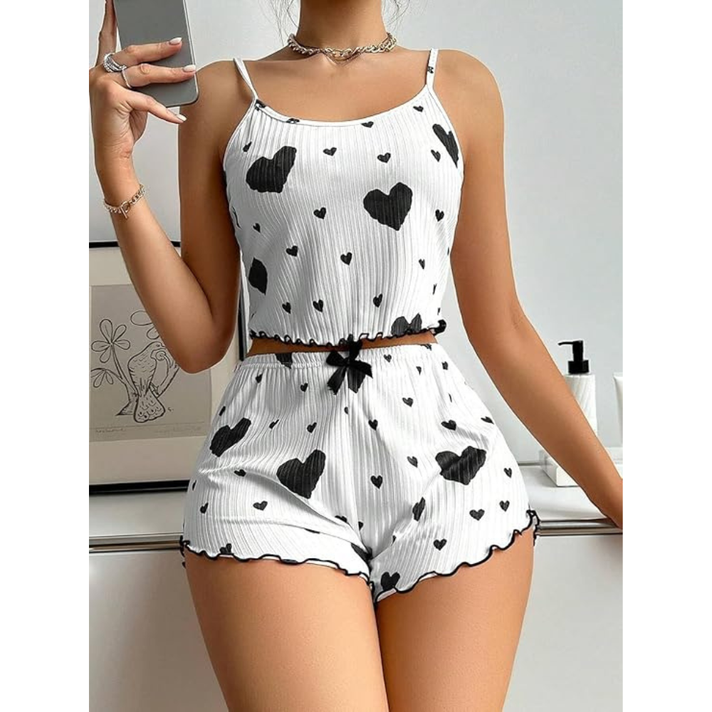 Velence Premium Ribbed Cotton Heart Print Lounge Set - Velence India