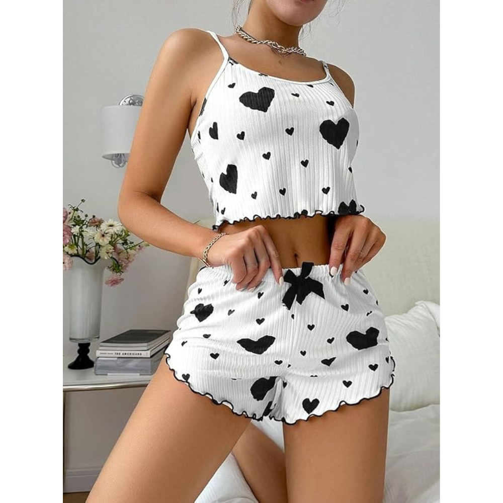 Velence Premium Ribbed Cotton Heart Print Lounge Set - Velence India
