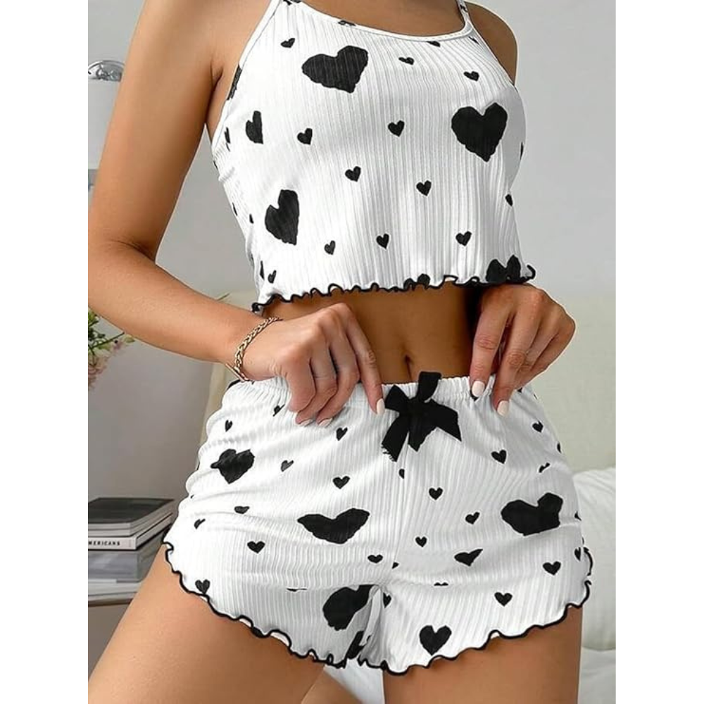 Velence Premium Ribbed Cotton Heart Print Lounge Set - Velence India