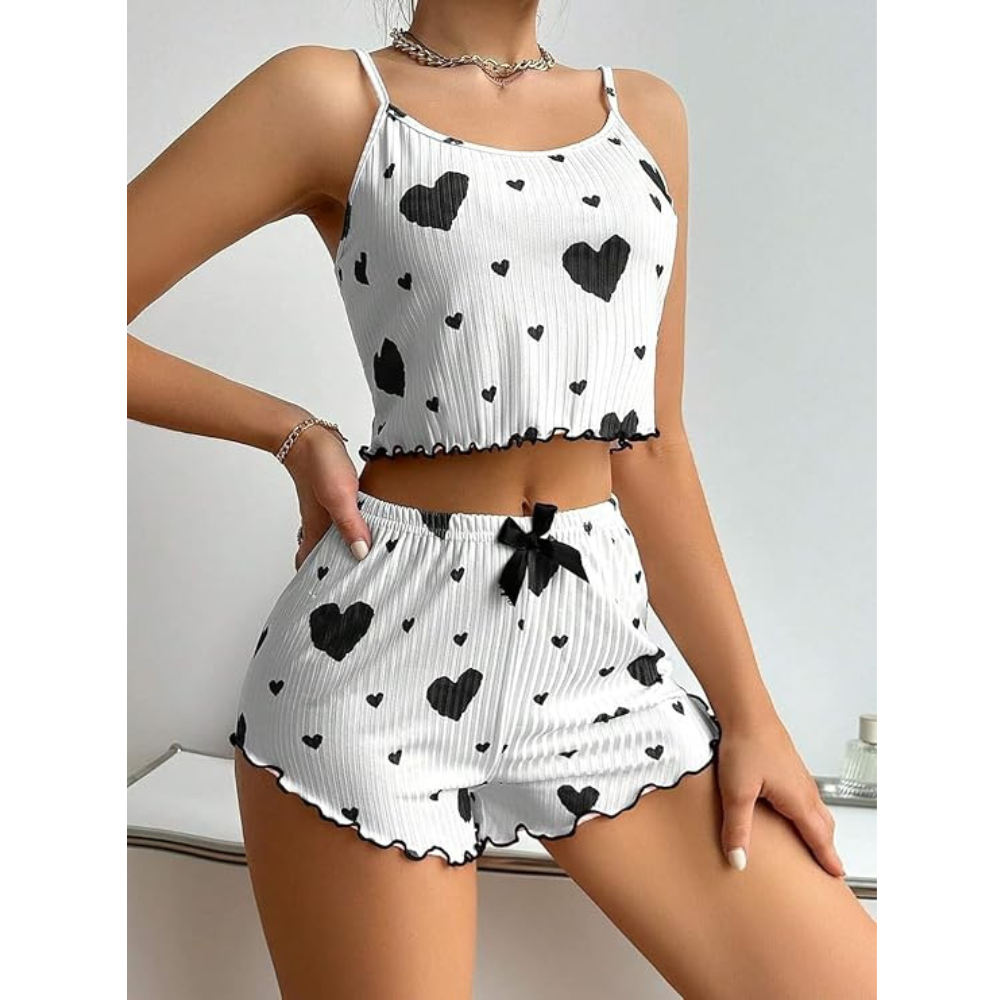 Velence Premium Ribbed Cotton Heart Print Lounge Set - Velence India