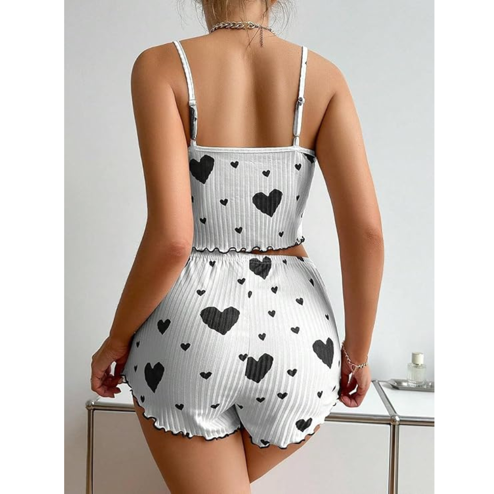 Velence Premium Ribbed Cotton Heart Print Lounge Set - Velence India