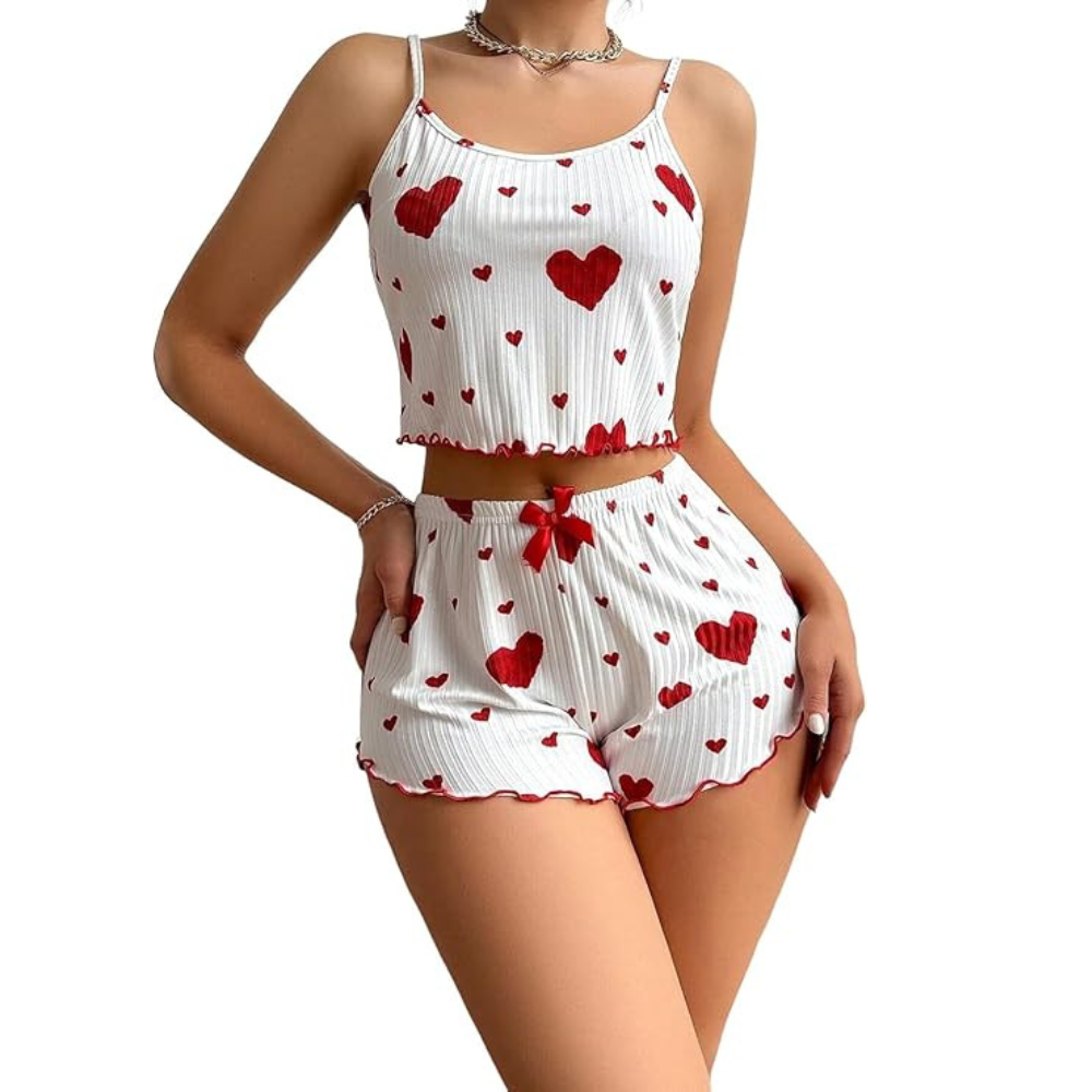 Velence Premium Ribbed Cotton Heart Print Lounge Set - Velence India
