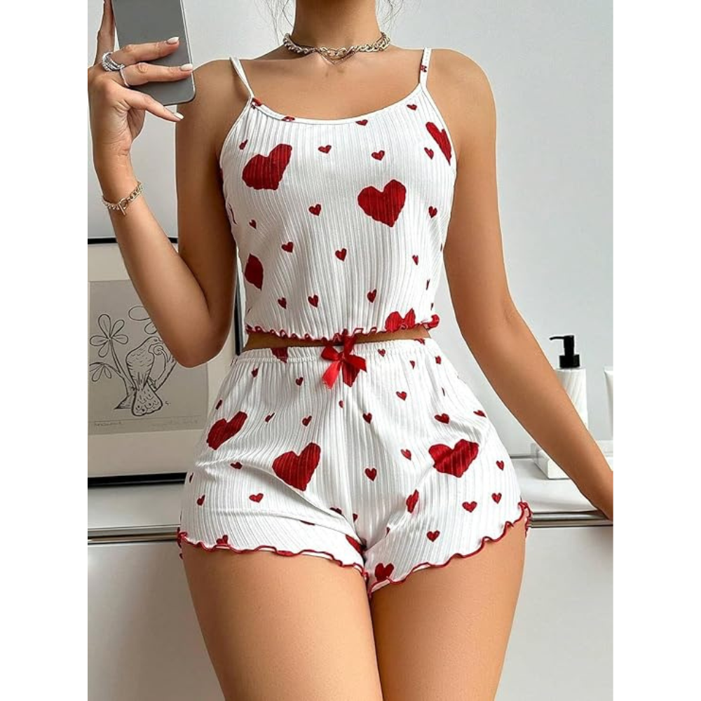 Velence Premium Ribbed Cotton Heart Print Lounge Set - Velence India