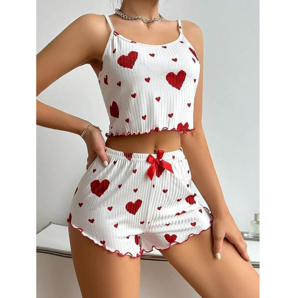Velence Premium Ribbed Cotton Heart Print Lounge Set - Velence India