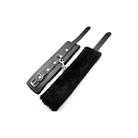 Black leather strap with fur trim on a white background