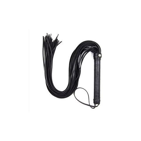 Black leather whip on a white background