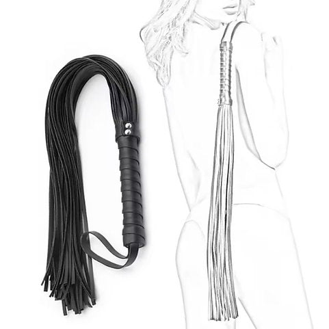 Black leather whip with silver tassels on a white background