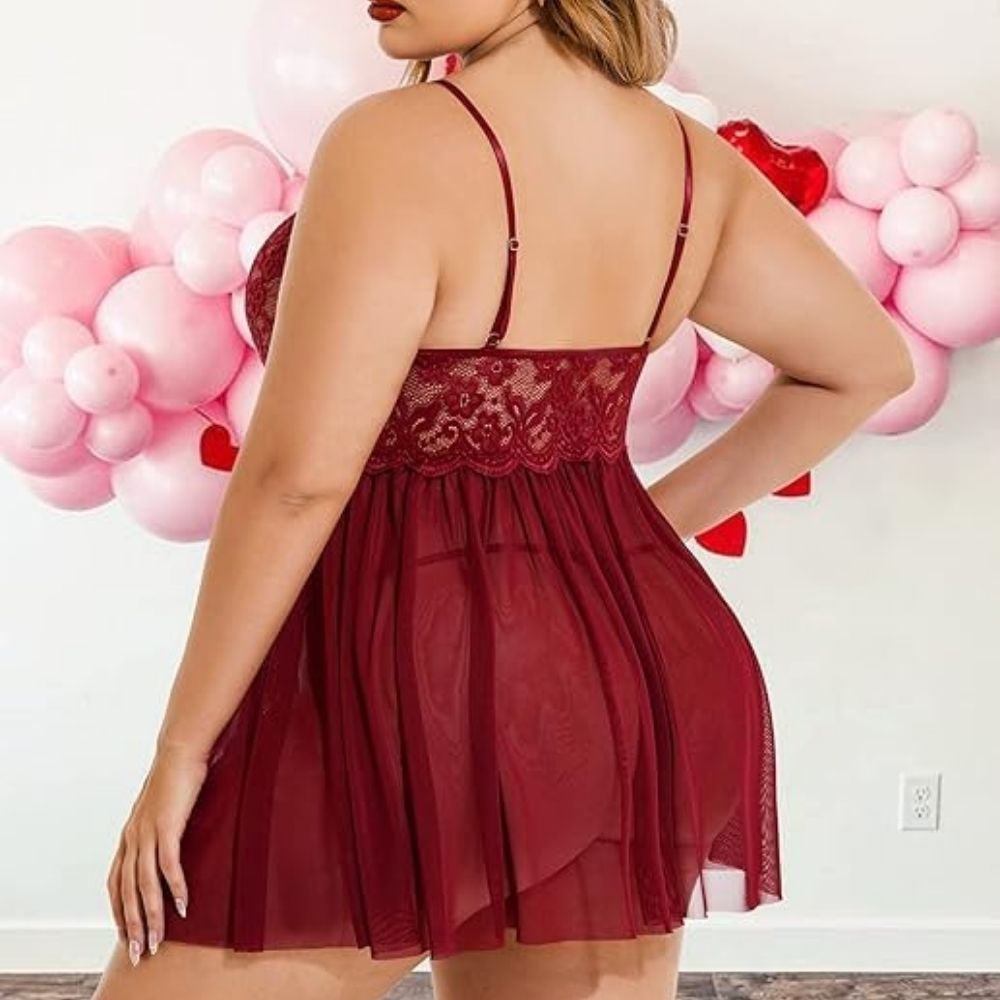 Maroon Floral Lace Babydoll Lingerie – Soft Net Sheer Nightwear for Women - Velence India
