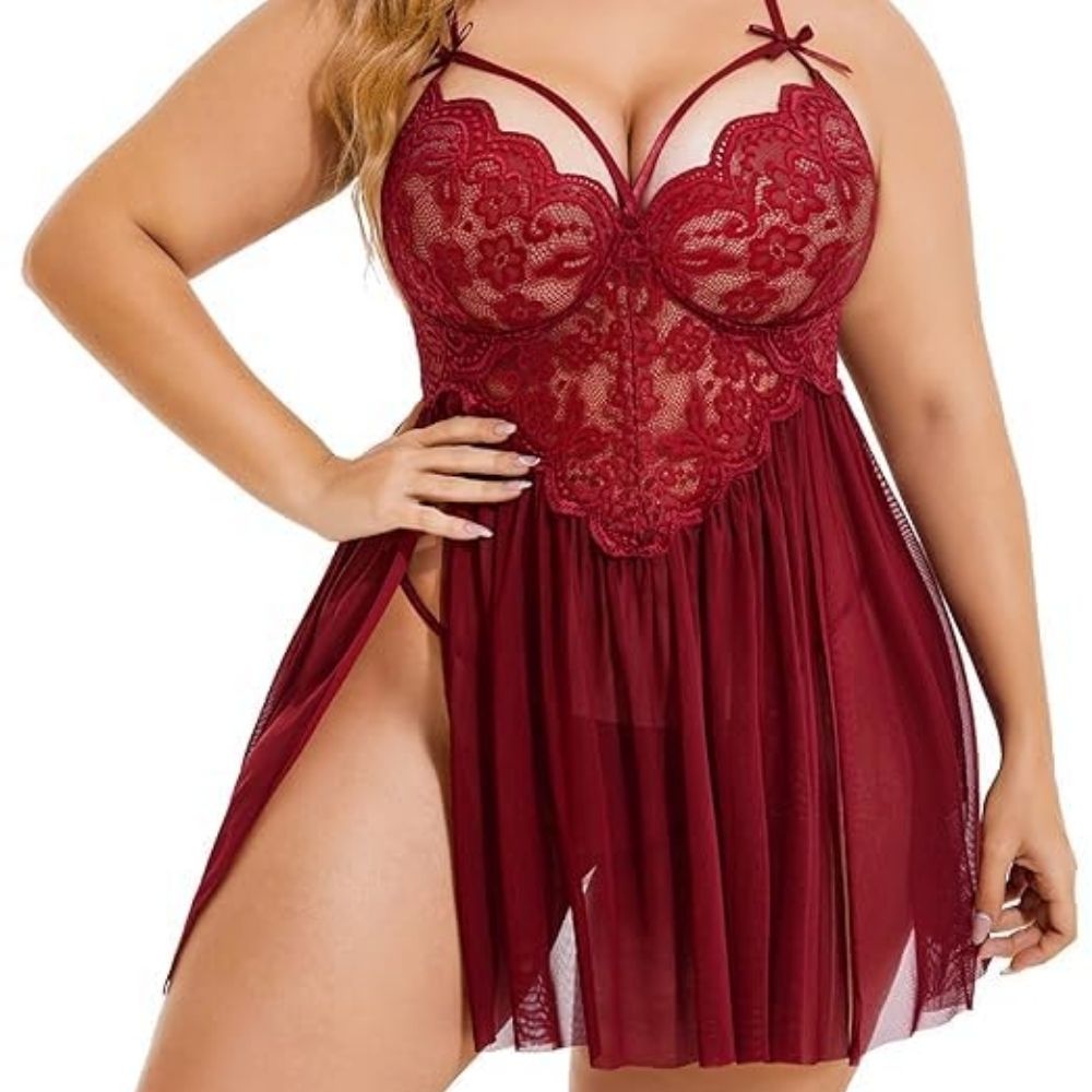 Maroon Floral Lace Babydoll Lingerie – Soft Net Sheer Nightwear for Women - Velence India