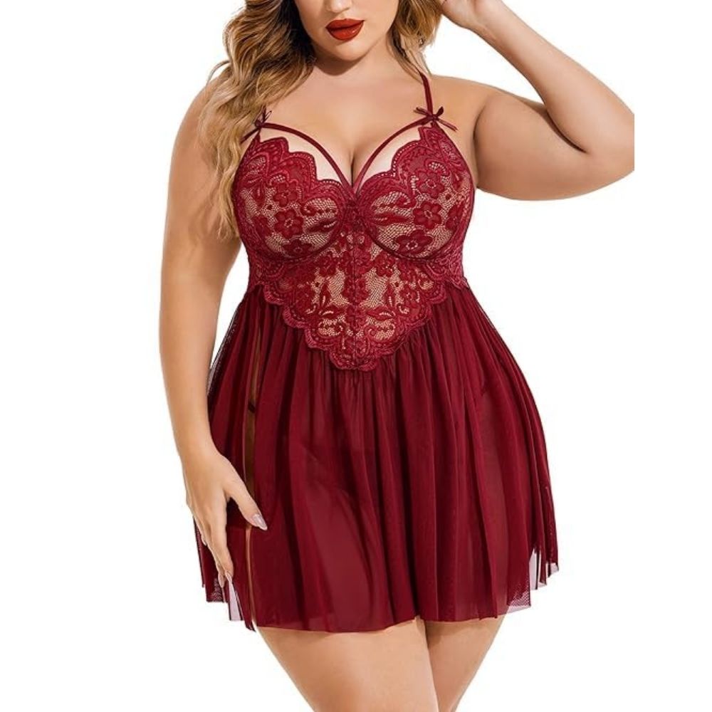 Maroon Floral Lace Babydoll Lingerie – Soft Net Sheer Nightwear for Women - Velence India