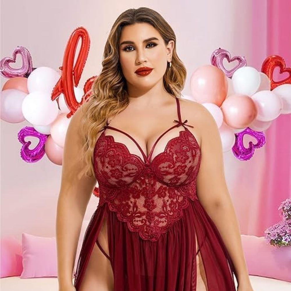 Maroon Floral Lace Babydoll Lingerie – Soft Net Sheer Nightwear for Women - Velence India