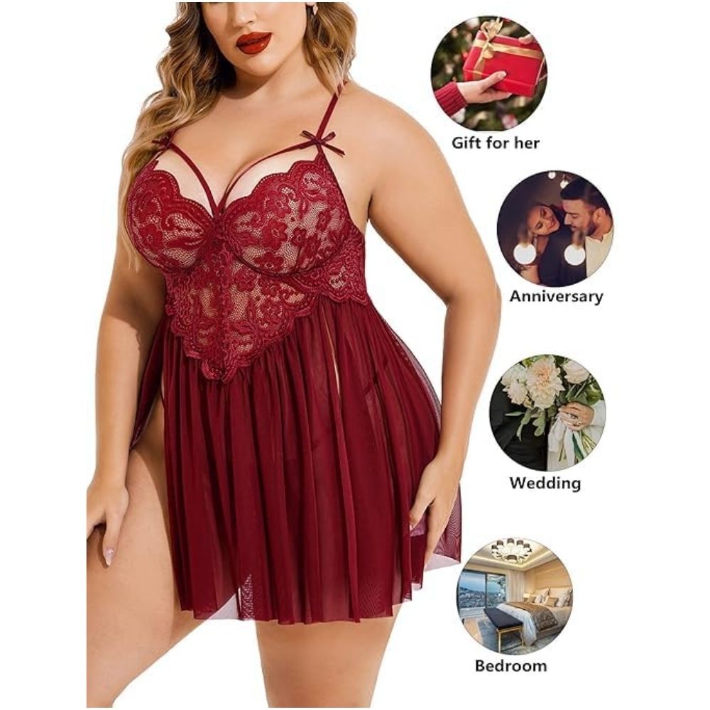Maroon Floral Lace Babydoll Lingerie – Soft Net Sheer Nightwear for Women - Velence India