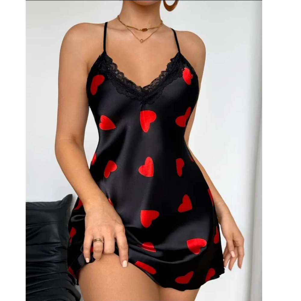 Women’s Summer Sexy Satin Sling Nightdress – Red Heart Print Silk Feel Sleepwear - Velence India