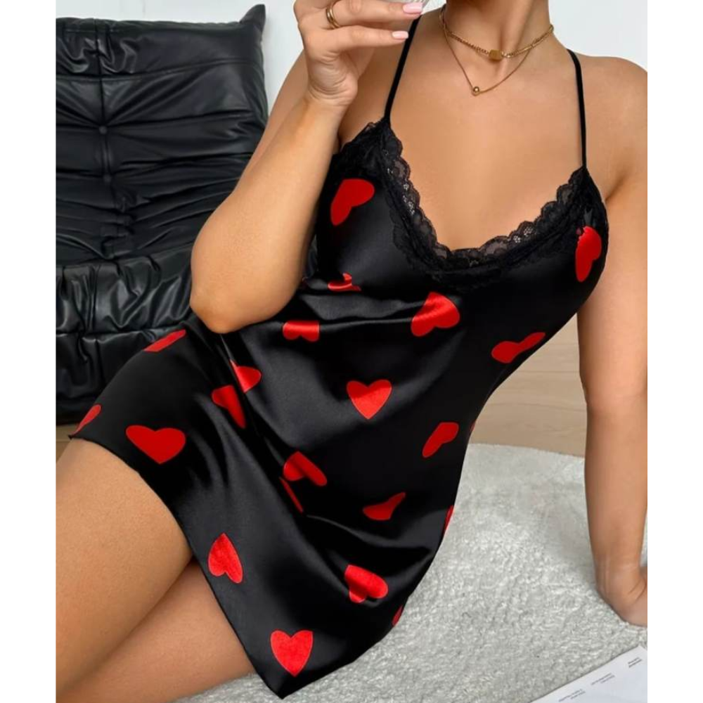 Women’s Summer Sexy Satin Sling Nightdress – Red Heart Print Silk Feel Sleepwear - Velence India
