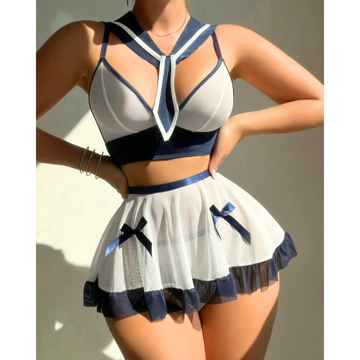 Women Navy Blue Sheer School Girl Lingerie Set – Sexy Crop Top & Mesh Pleated Mini Skirt Costume - Velence India