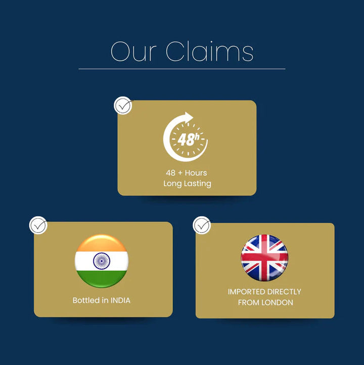 Three gold cards with icons and text on a blue background, labeled 'Our Claims'.