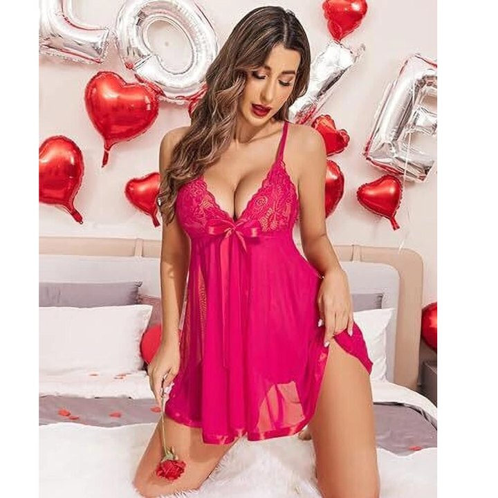 Pink Lace Babydoll Lingerie Set for Women – Sheer Mesh Nightwear with Matching Thong - Velence India