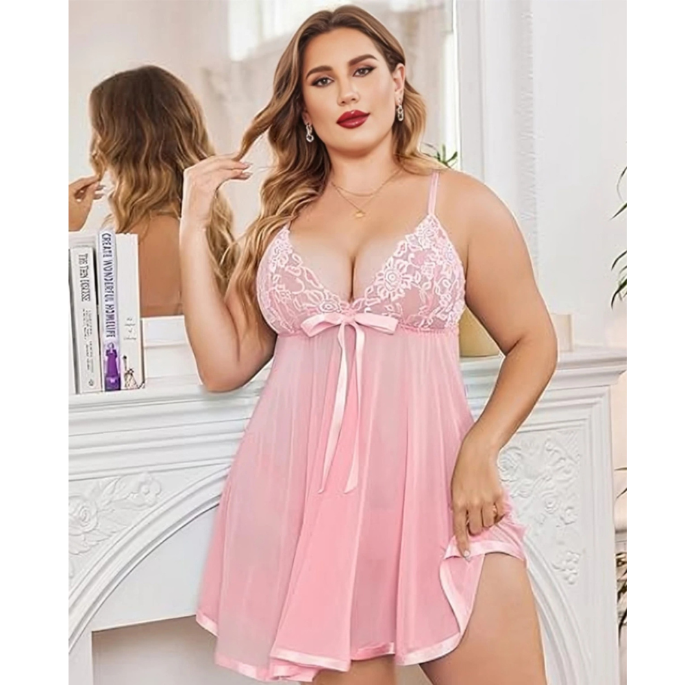 Velence Chiffon Lace Mini Babydoll Nightdress Set with Strap Chemise - Velence India