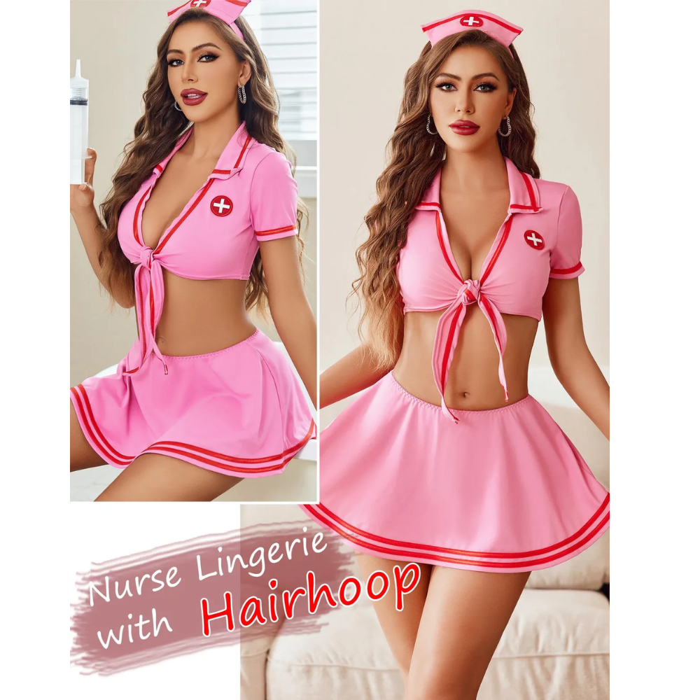 Velence Pink Nurse Tie-Top Lingerie Set – Mini Pleated Skirt Fantasy Roleplay Costume - Velence India