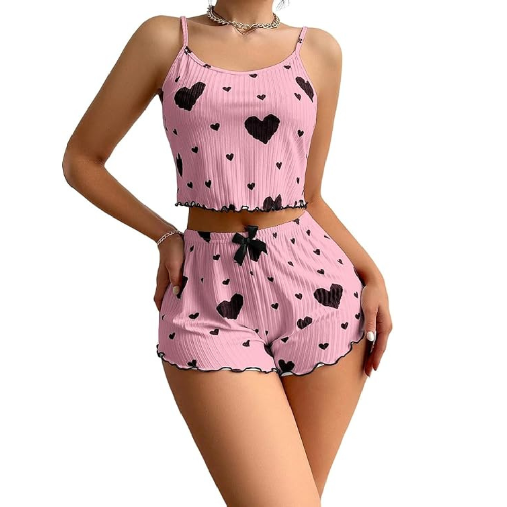 Velence Premium Ribbed Cotton Heart Print Lounge Set - Velence India