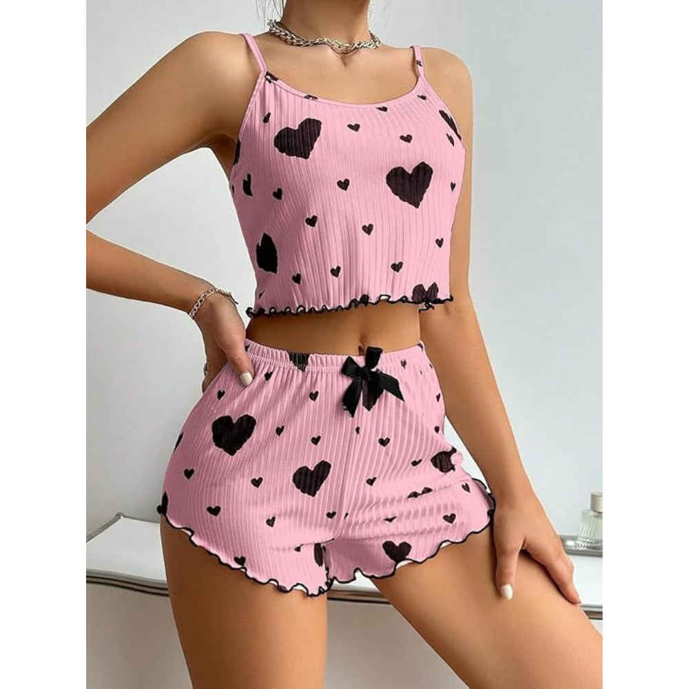 Velence Premium Ribbed Cotton Heart Print Lounge Set - Velence India