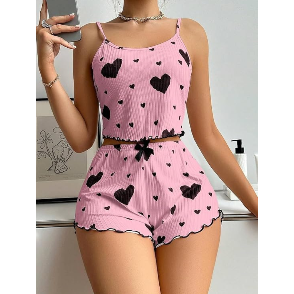Velence Premium Ribbed Cotton Heart Print Lounge Set - Velence India