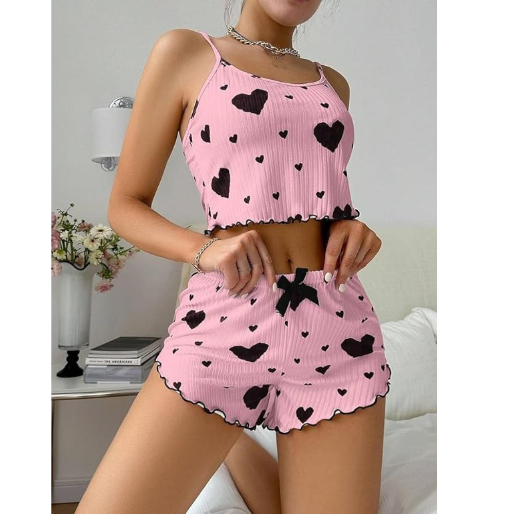 Velence Premium Ribbed Cotton Heart Print Lounge Set - Velence India
