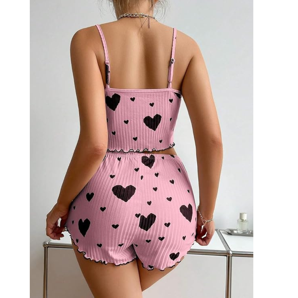Velence Premium Ribbed Cotton Heart Print Lounge Set - Velence India