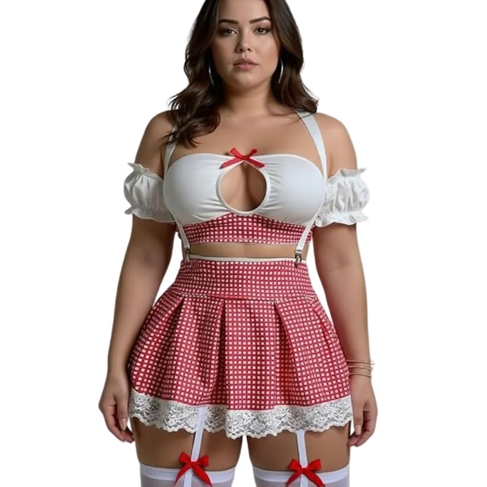 Red French Maid Babydoll Lingerie Set – 9 Piece Lace Roleplay Costume for Women - Velence India