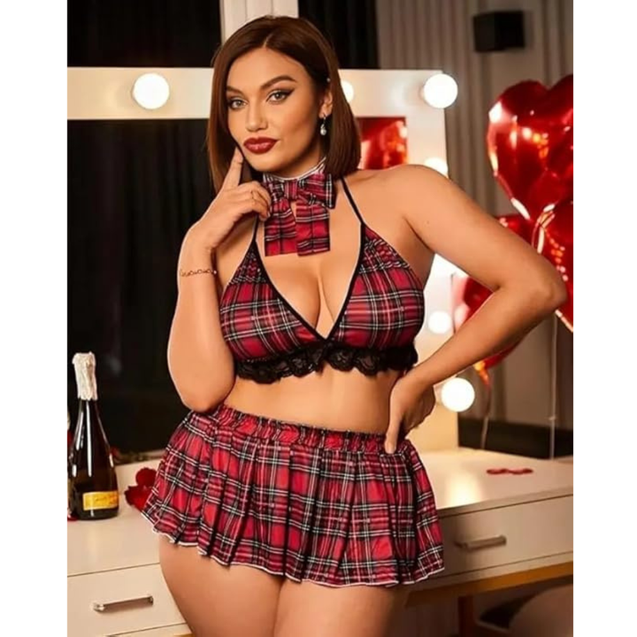 Red Plaid Lingerie Set with Lace Trim, Halter Top, Pleated Skirt & Choker (3-Piece Costume) - Velence India