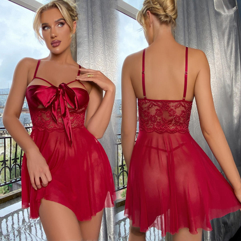 Red satin bow babydoll lingerie by Velence India featuring sheer mesh fabric and a front view, elegant and comfortable nightwear for women.