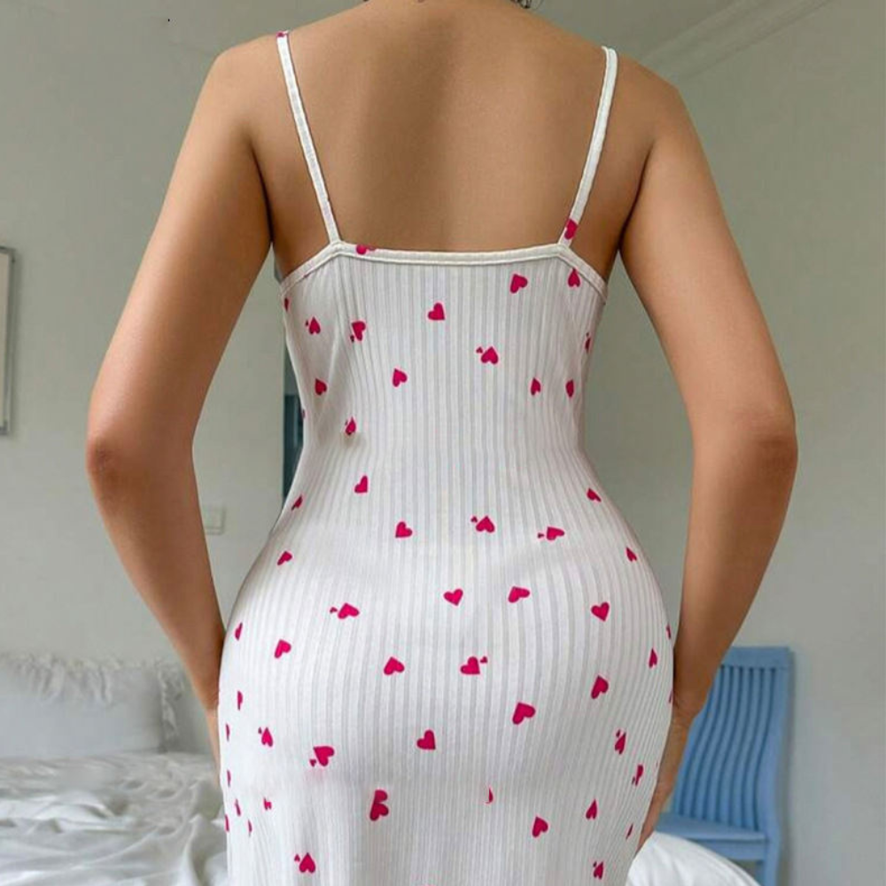 Velence White Ribbed Heart Print Lace Strap Nightdress for Women – Romantic Cotton Nightwear - Velence India