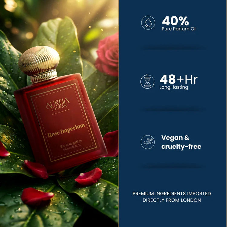 Red perfume bottle with gold cap on green leaves, featuring product details on a blue background.