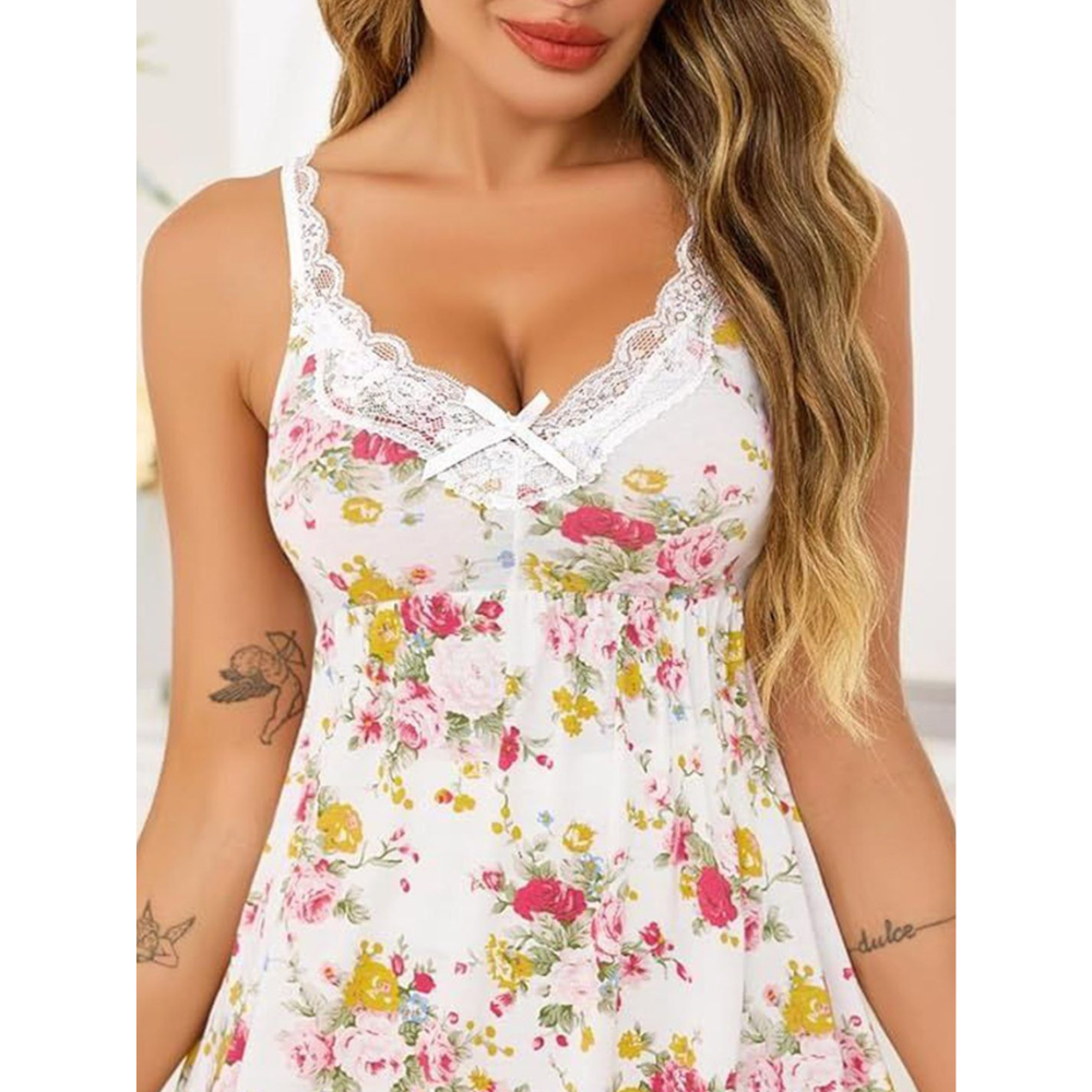 Honeymoon Dress – Women’s Floral Satin Chemise Night Dress with Lace Trim - Velence India