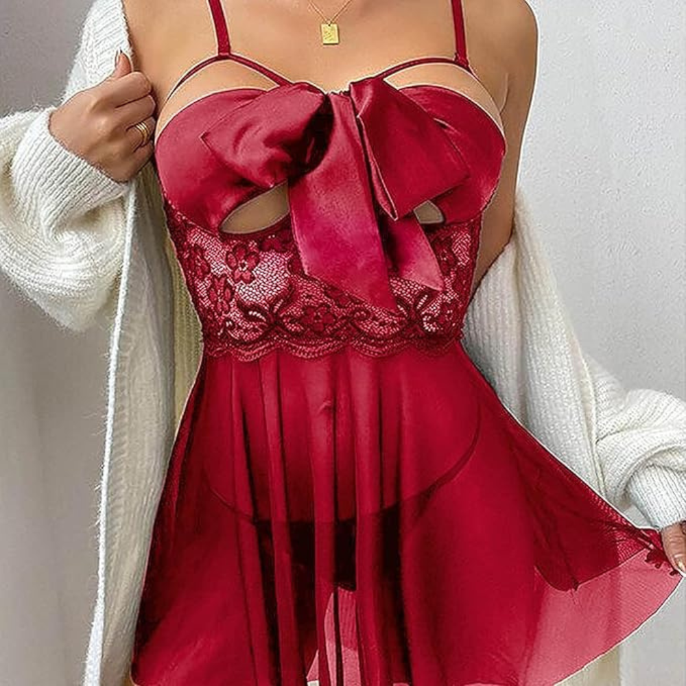 Velence India Celestial Bloom satin bow babydoll lingerie in red, sheer mesh nightwear for women, featuring delicate design and elegant style.