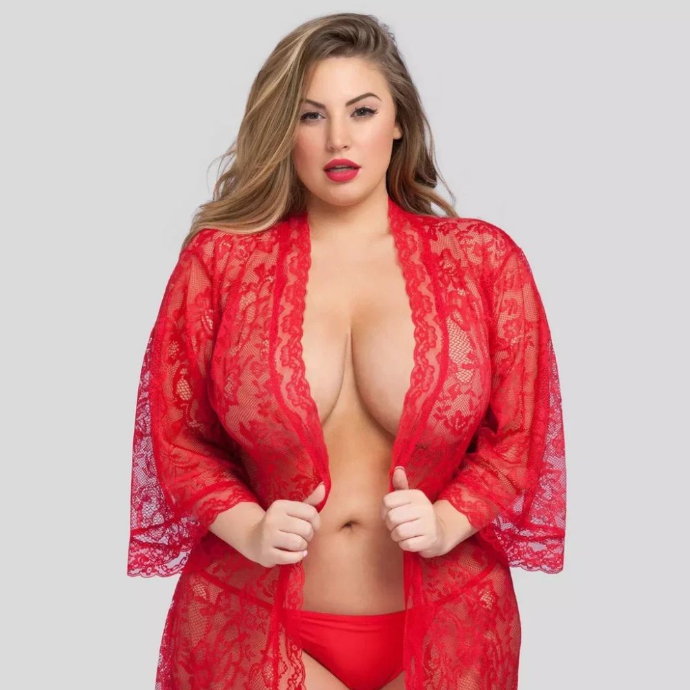 Scarlet Romance Red Floral Lace Robe – Sheer Open Front Nightwear for Women - Velence India